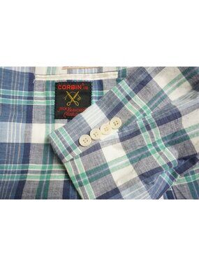 Corbin Madras Plaid Blue Green White Vintage Cotton Sport Coat Jacket Sz 44R